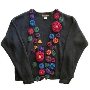 Vintage 90s Bryn Connelly Black Cotton Flower Crochet Open Cardigan Sweater S